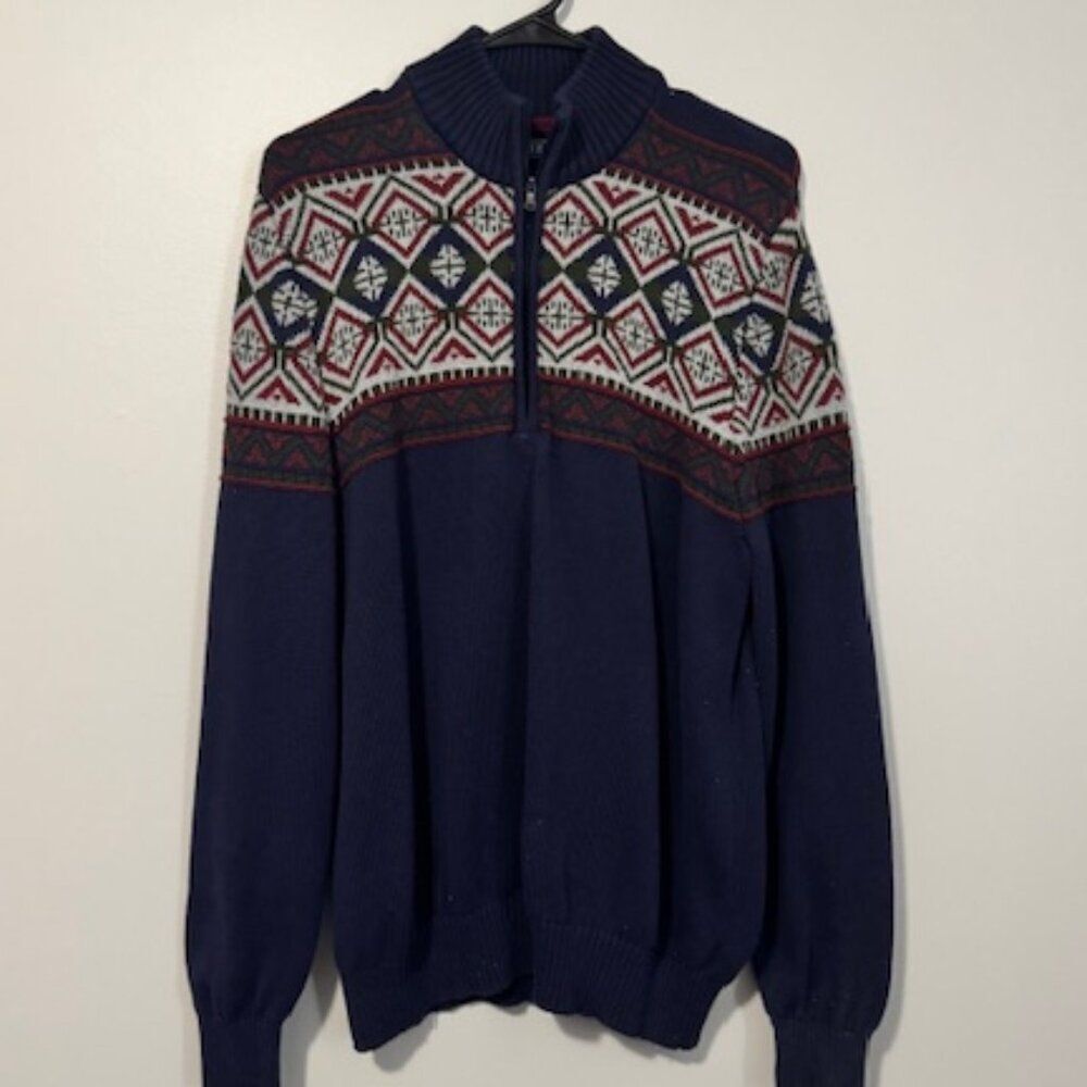 USED Men's Izod 1/2 Zip Up Long Sleeve Sweater Color Navy/Red/Green Size Large